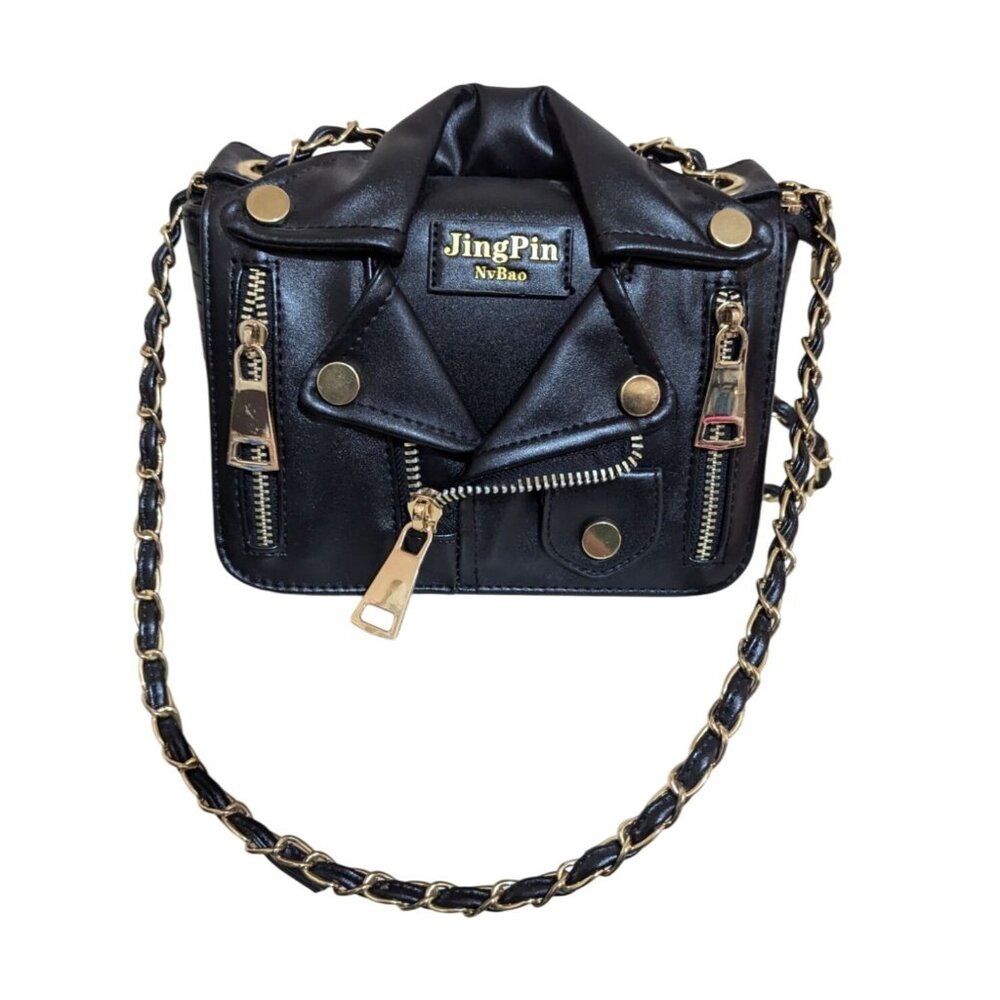 JingPin NvBao Black Faux Leather Moto Jacket Crossbody‎ Bag Gold Chain Strap